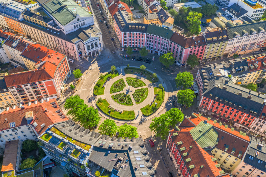 Aerial view of Gärtnerplatz showcasing lush greenery and surrounding buildings in Germany
