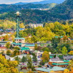 Scenic view of Gatlinburg, Tennessee, showcasing the town's charming buildings and surrounding mountains.