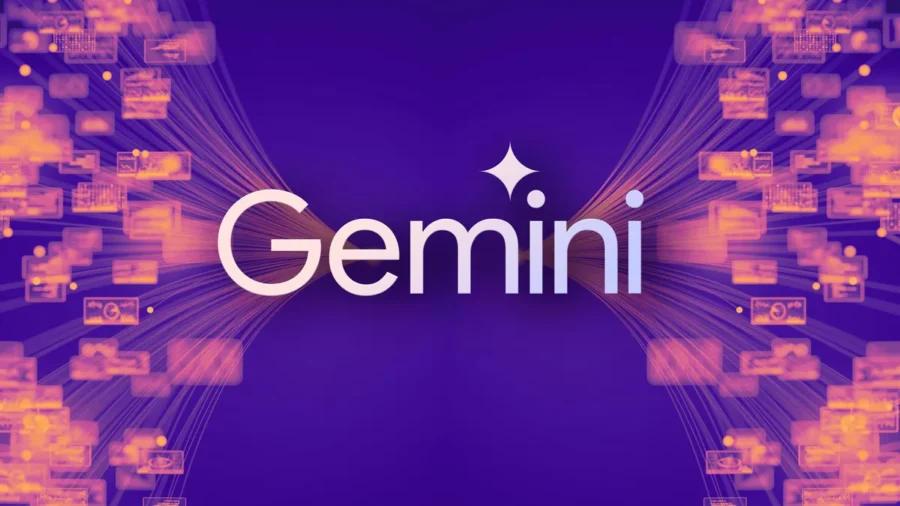 Gemini brand logo with futuristic design, highlighting connectivity and innovation on a purple background.
