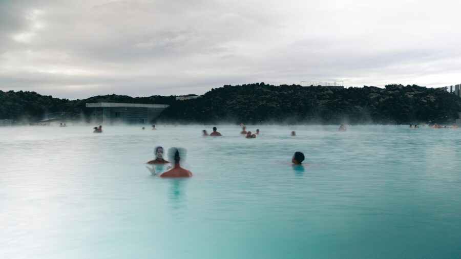 People Bathing in the Pool of the Blue Lagoon Geothermal Spa in Iceland