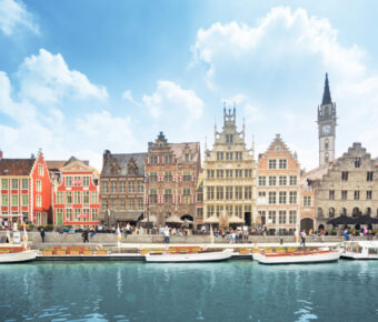 Scenic view of Ghent, Belgium, showcasing its historic architecture and charming canals in the old town.