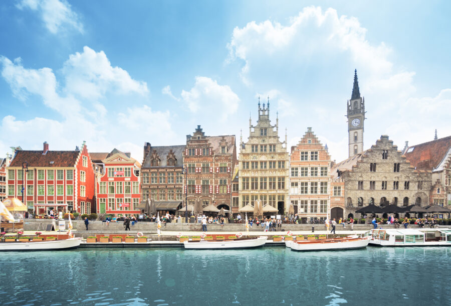 Scenic view of Ghent, Belgium, showcasing its historic architecture and charming canals in the old town.