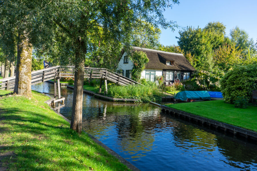 Old house in Giethoorn, Netherlands, located in the village center along picturesque canals, known as the Venice of the North