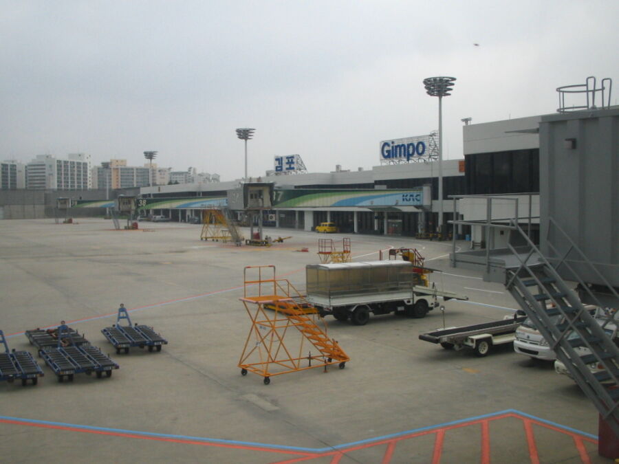 2. Overcast gray sky above Gimpo Airport, indicating possible weather disruptions for incoming and outgoing flights.