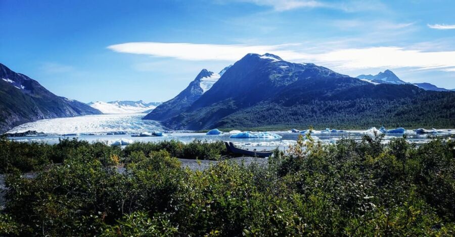 Glacial landscape with mountains, lush greenery, and icebergs under a clear sky.