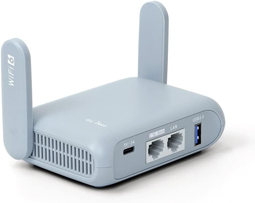 Compact gray GL.iNet Beryl AX Travel Router with two upright antennas.