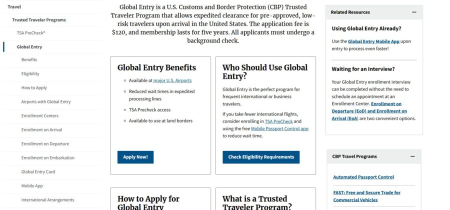 Global Entry application information displayed on the U.S. Customs and Border Protection website.
