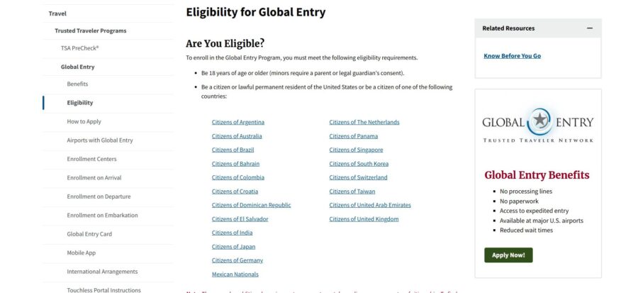 Information on Global Entry eligibility available on the U.S. Customs and Border Protection website.
