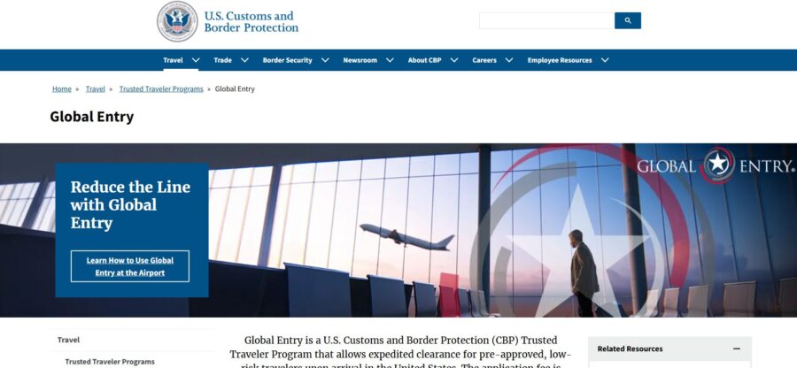 Global Entry information displayed on the U.S. Customs and Border Protection website for expedited travel processing.
