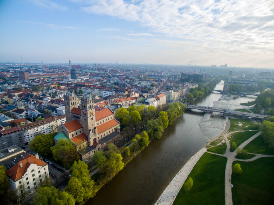 Aerial view of the Glockenbachviertel and river in Munich, Grmany