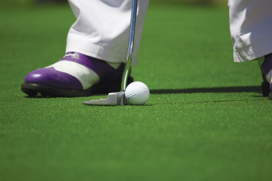 Golfers stylish shoes and putter poised on green for precise putt.