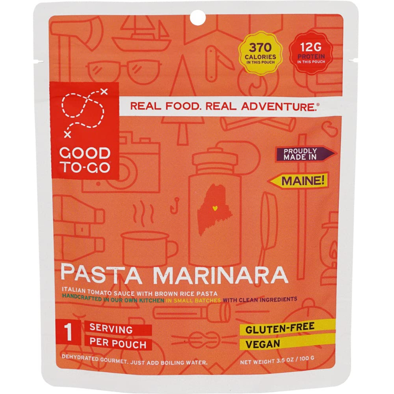 GOOD TO-GO Pasta Marinara in a package, featuring pasta coated in a vibrant marinara sauce, perfect for on-the-go dining.