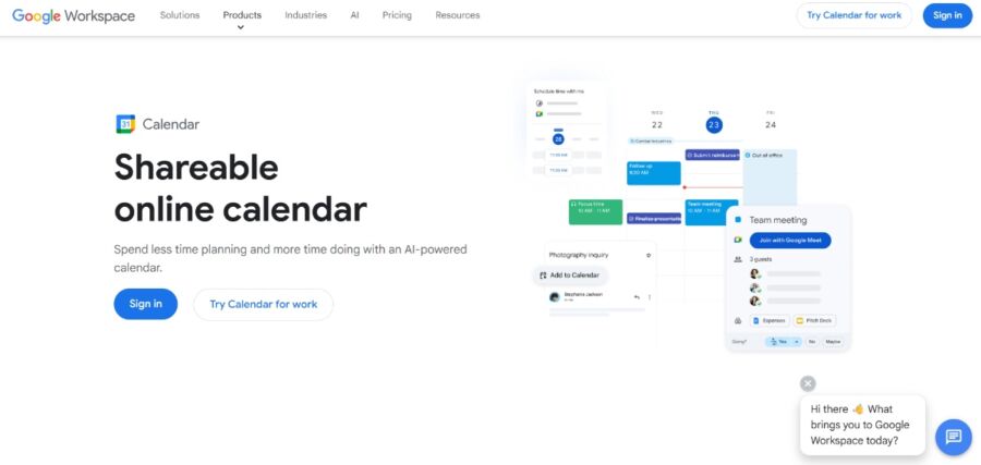 Google Workspace calendar webpage featuring a header, navigation menu, and text promoting a shareable online calendar with an AI focus. Includes a team meeting preview and sign-in buttons, conveying a professional and efficient tone