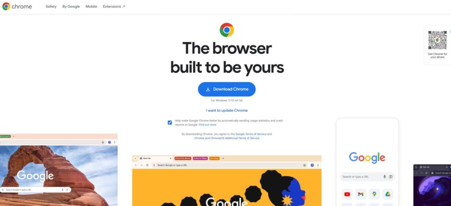 Google Chrome download page with the message 'The browser built to be yours' and a download button. Screenshots of Chrome browsers and apps are displayed