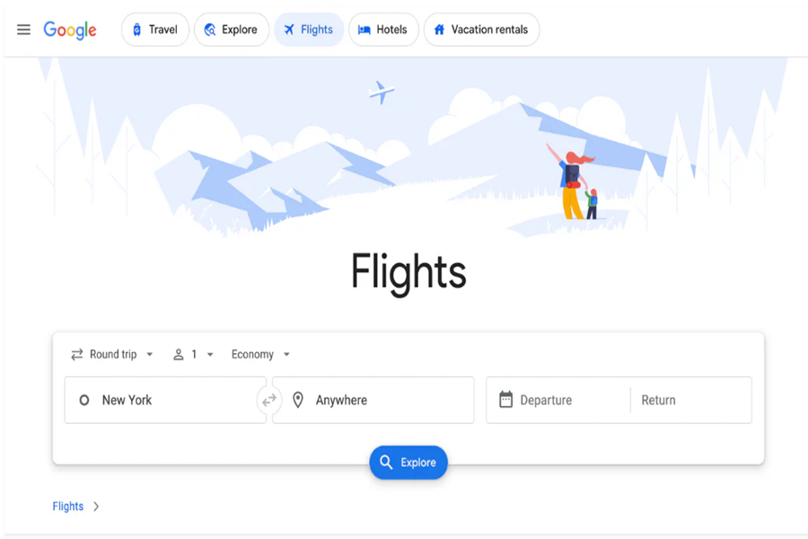 Google Flights interface for searching flights and planning travel with intuitive design.
