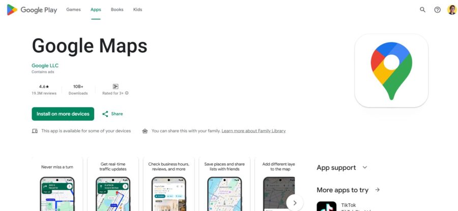 Google Maps app page on Google Play Store, showing app logo, install button, rating of 4.0, over 1 billion downloads, and features highlights.