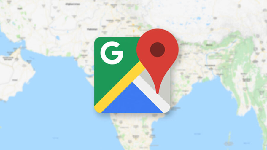 Google Maps logo over India map backdrop, symbolizing navigation and location services in Asia.