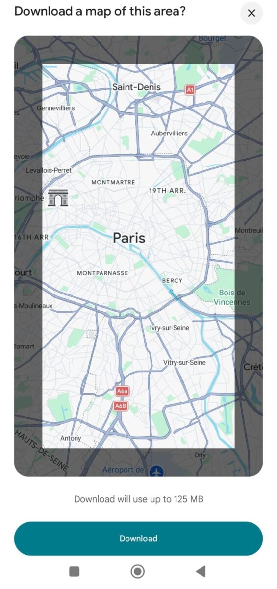 Map interface showing Paris and surrounding areas, including Saint-Denis and Montparnasse. A prompt to download the map up to 125 MB is visible below.