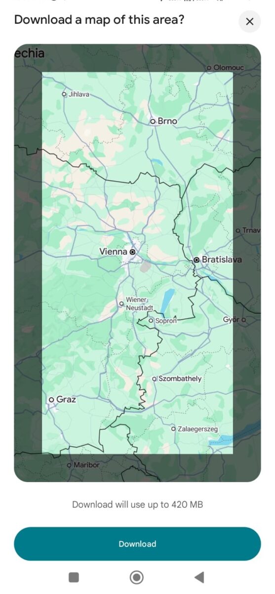 Map download screen displaying a detailed section centered on Vienna, including Brno, Bratislava, and Graz. Notifies data usage up to 420 MB.