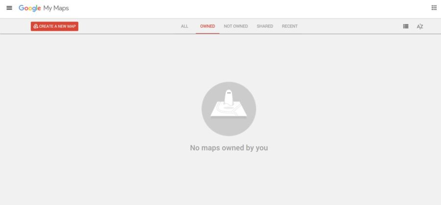 Google My Maps screen showing no owned maps. A button to create a new map is on the left. Tabs for All, Owned, Not Owned, and Shared are at the top.