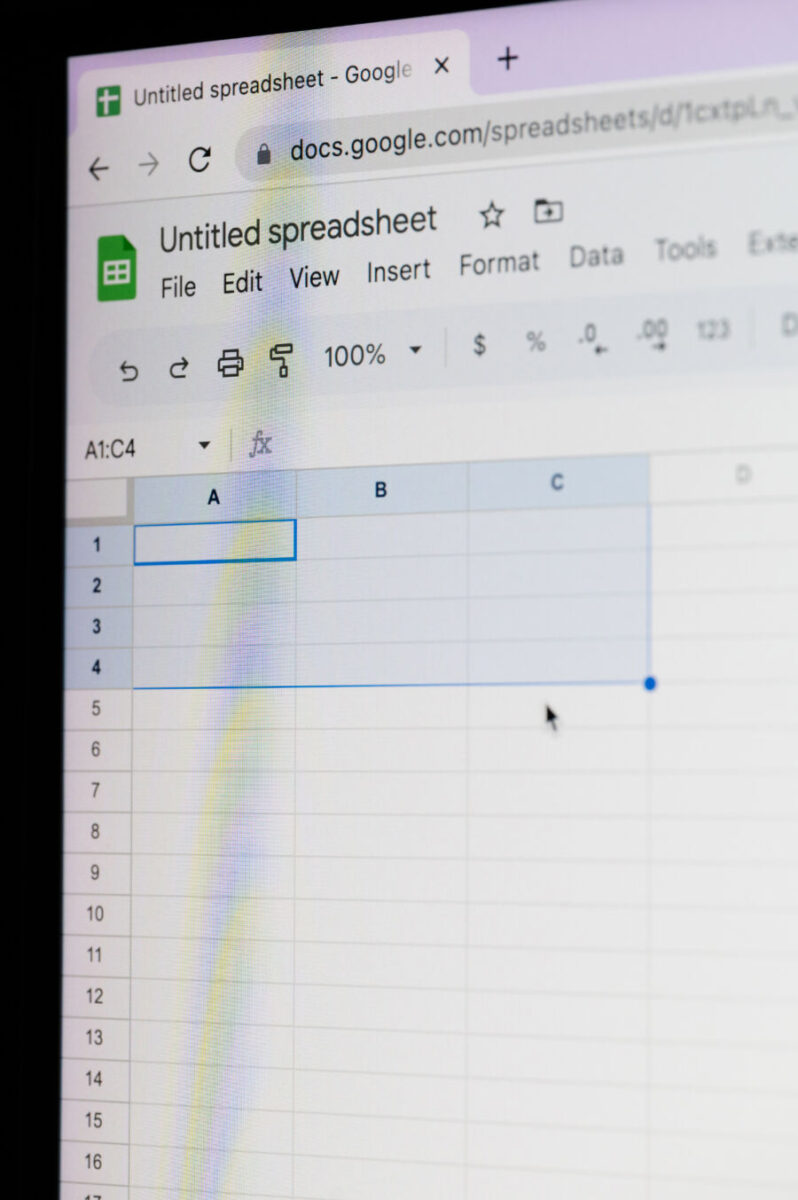 Blank Google Sheets spreadsheet with an untitled header, featuring a grid of cells for data entry.