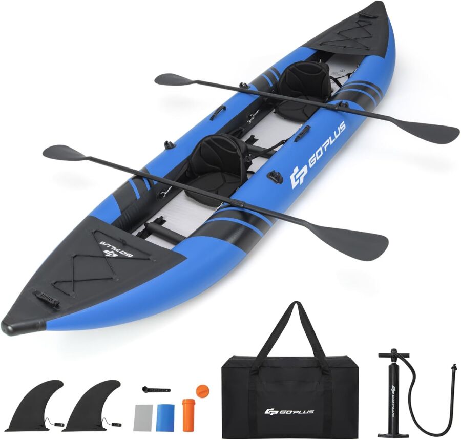 Goplus 2-Person Inflatable Kayak with paddles and accessories, ready for water adventures.