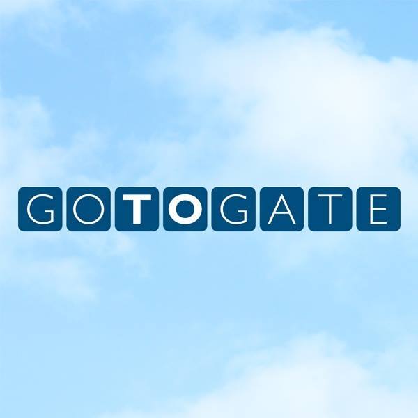 Gotogate logo on a serene blue sky background with white clouds, symbolizing travel.