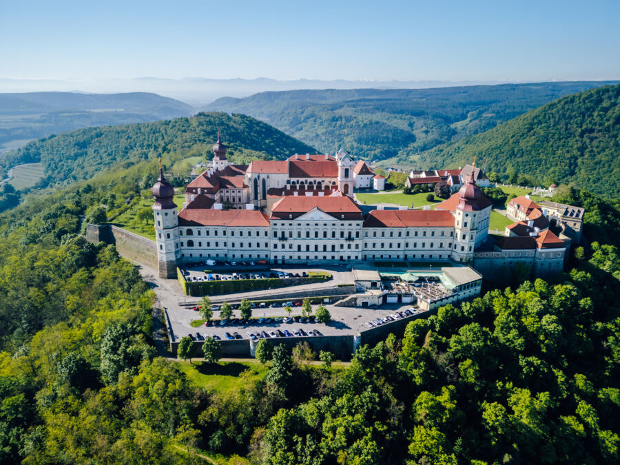 Aerial view of Göttweig Abbey, showcasing its architecture and surrounding landscape in Furth bei Göttweig, Austria