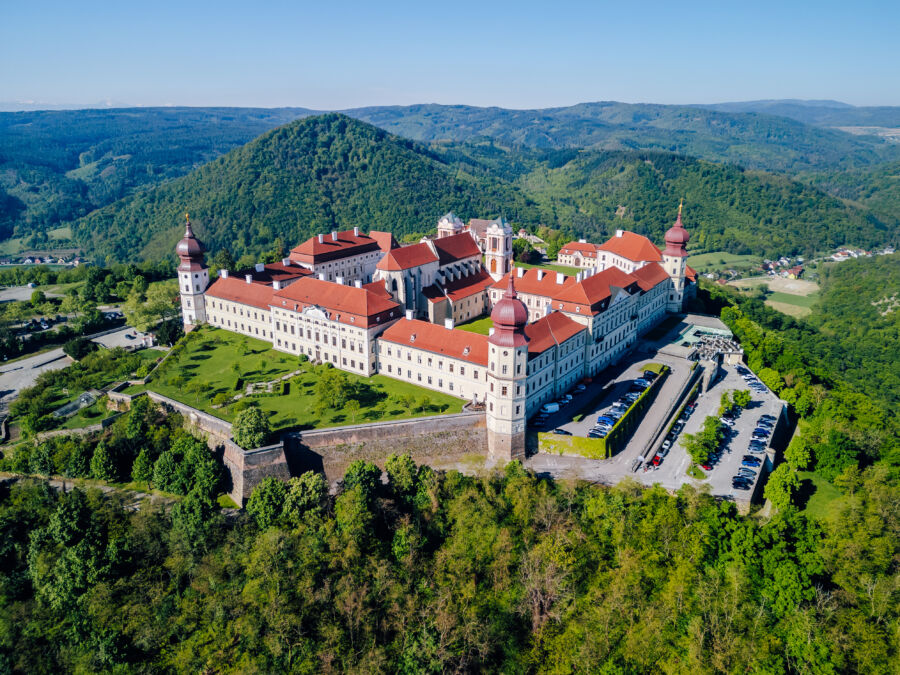 Aerial view of Göttweig Abbey Monastery in Austria, showcasing its architectural design and surrounding landscape