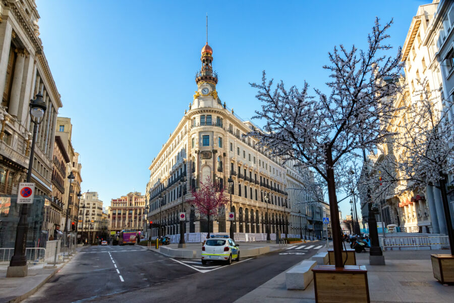 Panoramic view of Madrid's central street, showcasing the vibrant cityscape and bustling atmosphere of Spain's capital