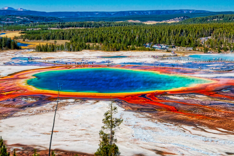 Grand Prismatic Spring in Yellowstone National Park, displaying a vivid array of colors in its thermal waters and surrounding landscape.