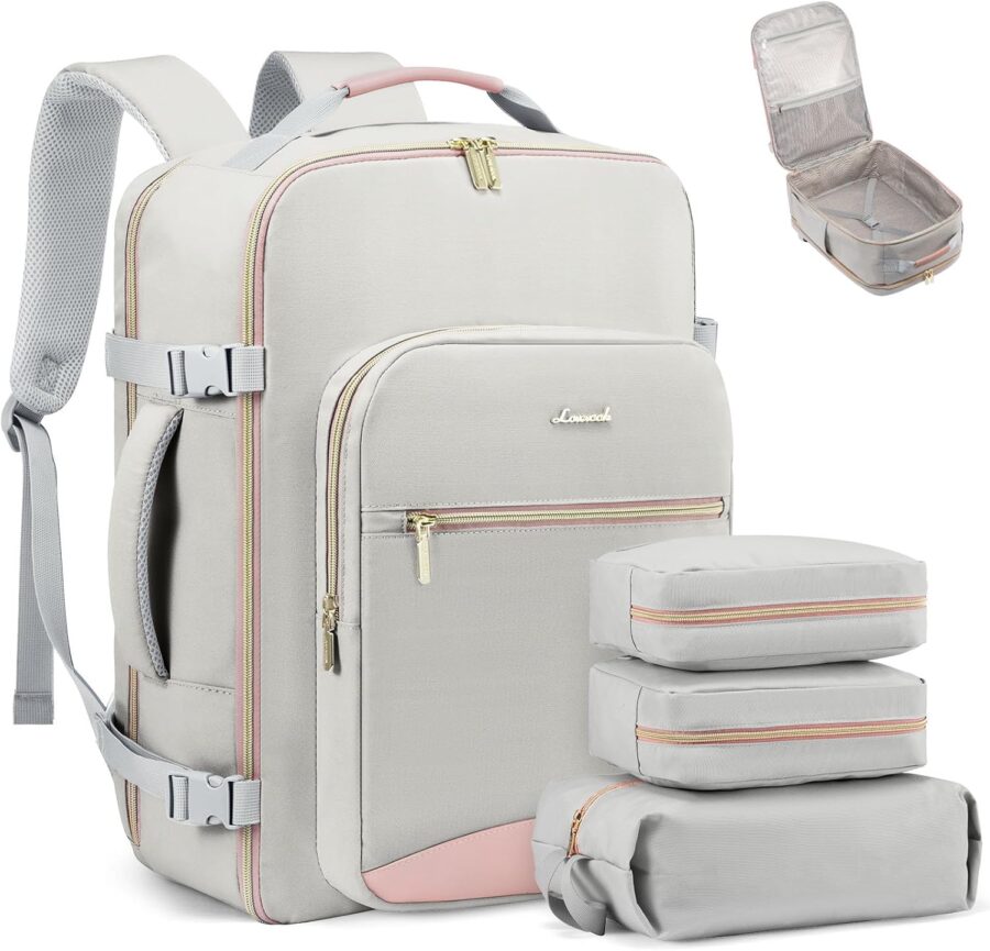 LOVEVOOK gray-pink clamshell travel backpack set with packing cubes and gold zippers.