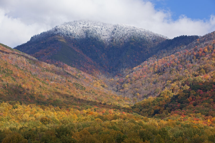 Snow-flocked Mount Le Conte rises amidst autumn colors in Great Smoky Mountains National Park, Tennessee, creating a stunning vista.
