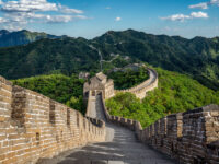 Panoramic view of the Great Wall of China in Beijing, showcasing its majestic structure against a scenic landscape
