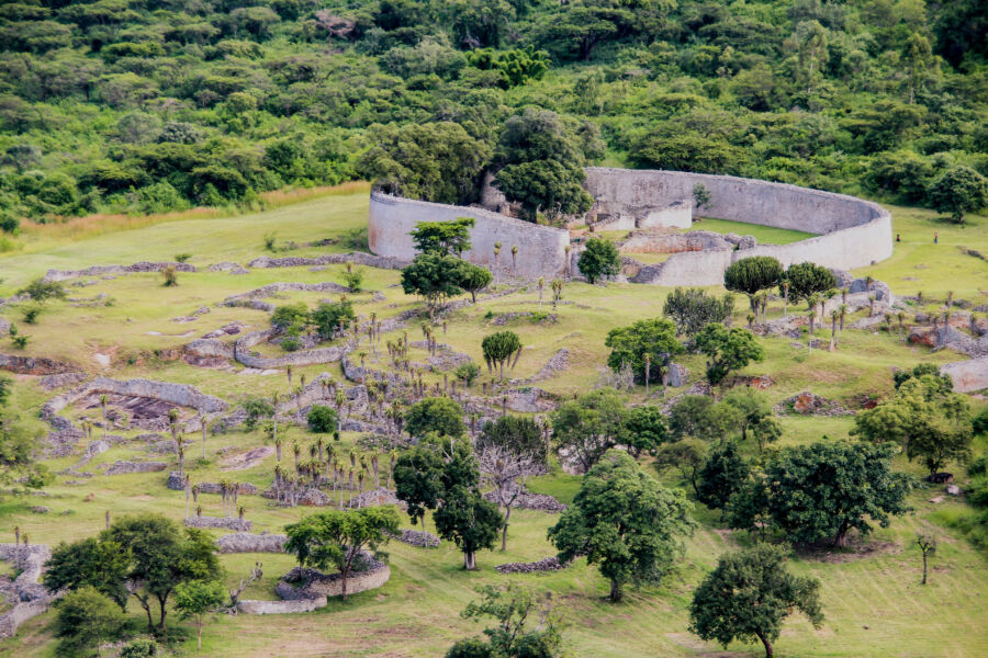 Aerial view of the Great Zimbabwe Ruins, showcasing ancient stone structures and surrounding landscape in Zimbabwe