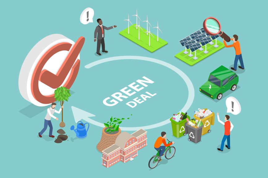Illustration of sustainable energy, green architecture, recycling, and eco-friendly practices.