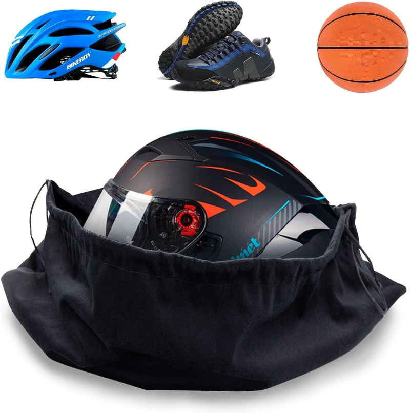 GrliTra Helmet Velvet Drawstring Bag containing a basketball, helmet, and various sports items.