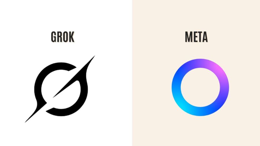 Split image: Left side shows "GROK" above a black, stylized circle with a diagonal slash, evoking a sleek, modern look. Right side shows "META" above a vibrant blue to purple gradient circle, suggesting innovation and dynamism.