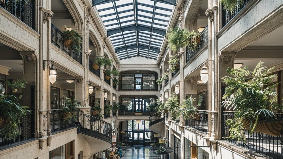 Bright atrium at Grove Arcade, Asheville, filled with various plants creating a lively and inviting atmosphere.