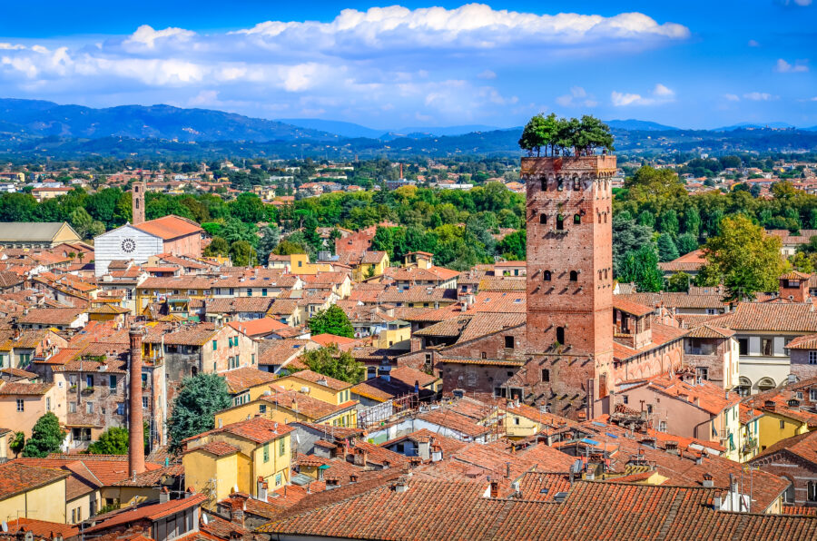 Panoramic view of Lucca showcasing the iconic Guinigi Tower surrounded by picturesque buildings and trees