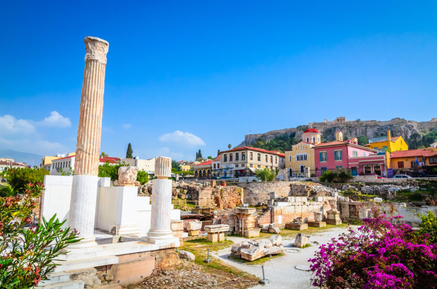 Hadrian's Library in Monastiraki Square, Plaka District, showcasing ancient architecture in Athens, Greece