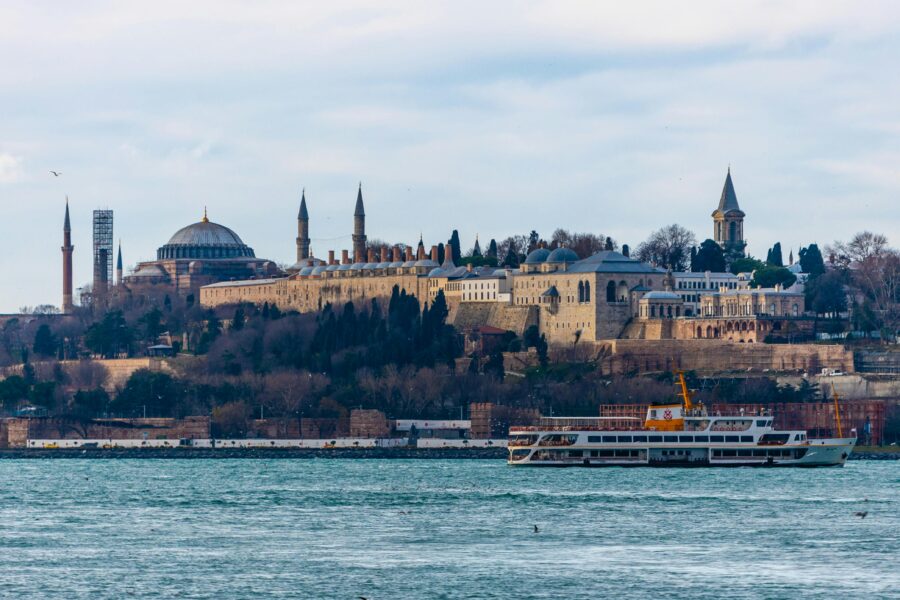 Istanbul skyline: Hagia Sophia, Bosphorus ferry, architectural history, cultural heritage, stunning view.