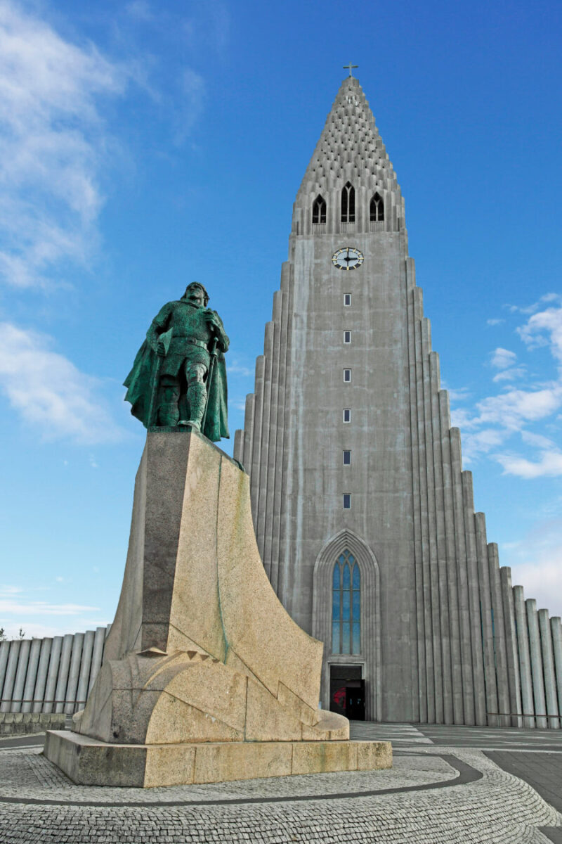 Statue of Leif Erikson, the Viking, stands in front of Hallgrímskirkja church in Reykjavík, Iceland.