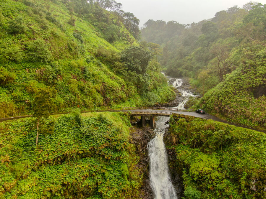 Scenic view of the Road to Hana, showcasing lush greenery and the stunning Hana Valley in Maui, Hawaii