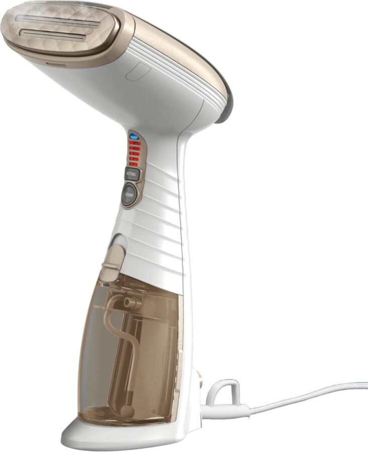 Handheld garment steamer with translucent amber water tank and gold accents.