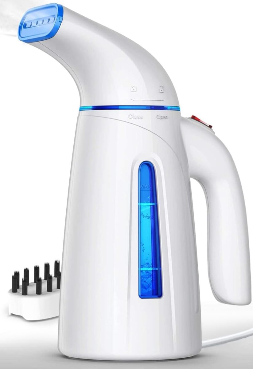 Handheld garment steamer in white with blue water window and brush attachment.