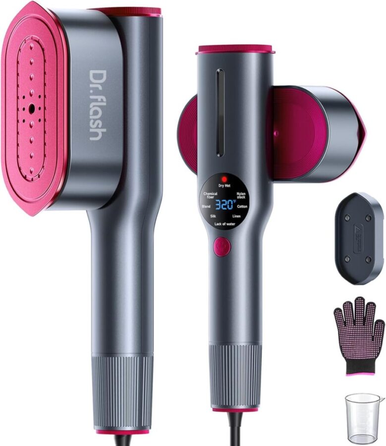 Dr.flash 2-in-1 handheld garment steamer with digital controls and accessories.