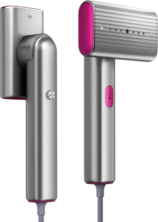 Compact handheld travel garment steamer with foldable rectangular steam head.