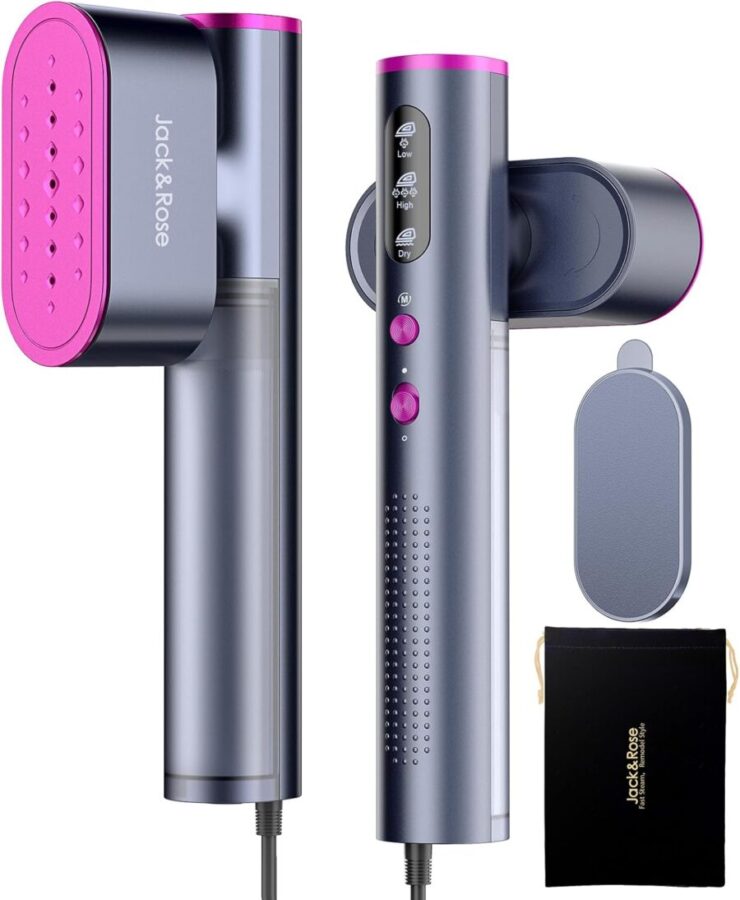 Jack & Rose handheld travel garment steamer with magenta accents and water reservoir.
