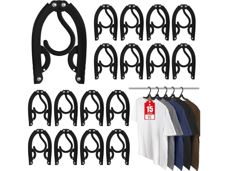 Space-saving black hangers showcasing ergonomic design and functionality with bulk pack option.